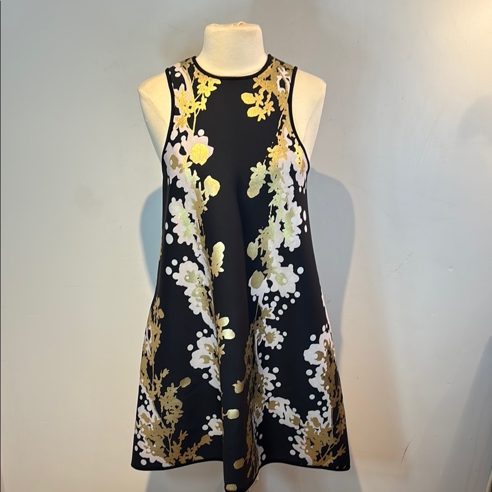 Cynthia Rowley Black swing Dress with Gold floral Accents size 10